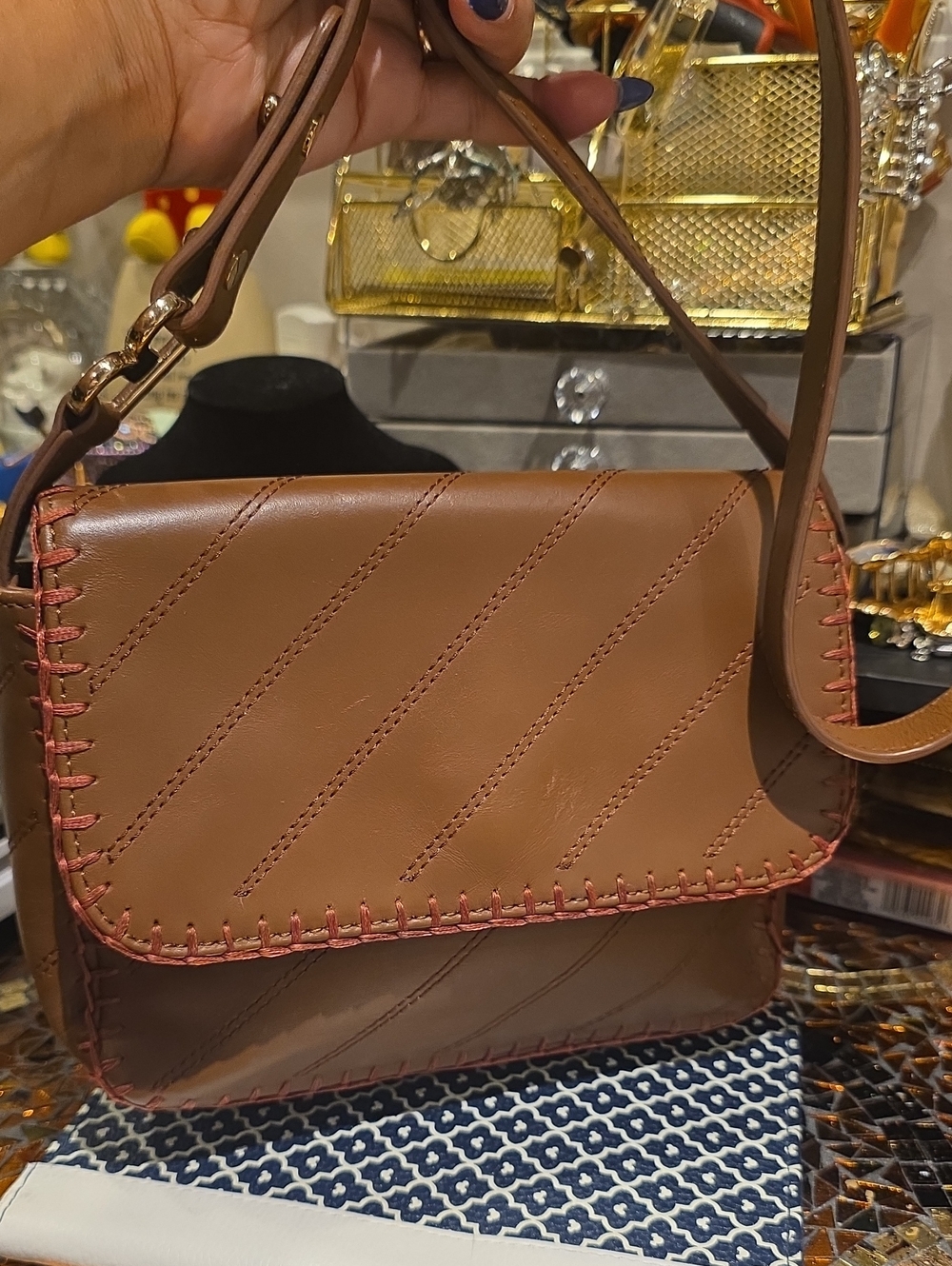 Brooks Brothers Brown Shoulder Bag with Pink Stitching